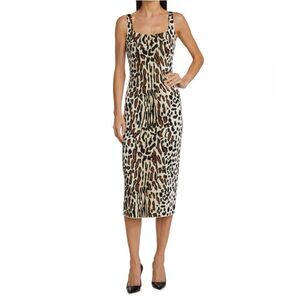 St. John Margay Animal Print Midi Dress in Brown Multi, NWT, Size 2